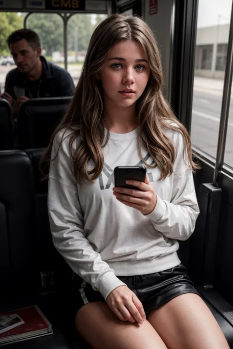 arafed woman sitting on a bus looking at her cell phone