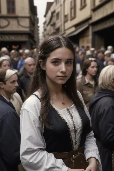 arafed woman in a medieval dress standing in a crowd of people