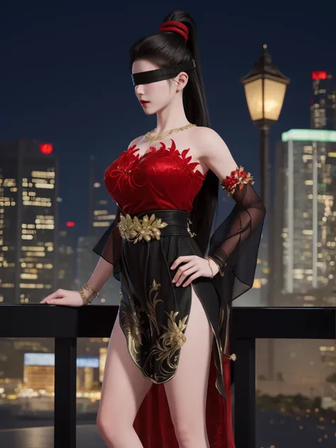 YJWJninghongyeYSHH, 1girl, blindfold, black hair, ponytail, long hair, solo,dress, bare legs, jewelry, necklace,standing,  <lora:YJWJninghongyeYSHH:0.75>,cityscape, night, hand on hip, mature female, red,