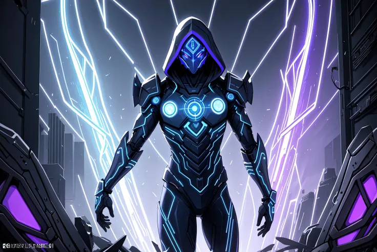 Behind a veil of digital code, a figure emerges - a warrior clad in sleek metallic armor, adorned with glowing runes of blue and purple hues. This CS1o stands resolute amidst the sea of ones and zeroes, a symbol of strength and determination within the rea...