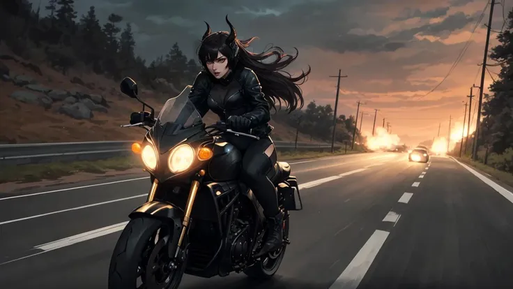 a thrilling and seductive image of a succubus riding a motorcycle, with a sense of wild and daring freedom in her expression and...