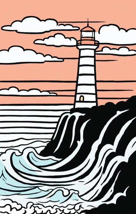 pastel-hued tattoo, Graffiti Comic, a tattoo of lighthouse atop a cliff with waves crashing, <lora:Graffiti Comic:1>, masterpiece, best quality