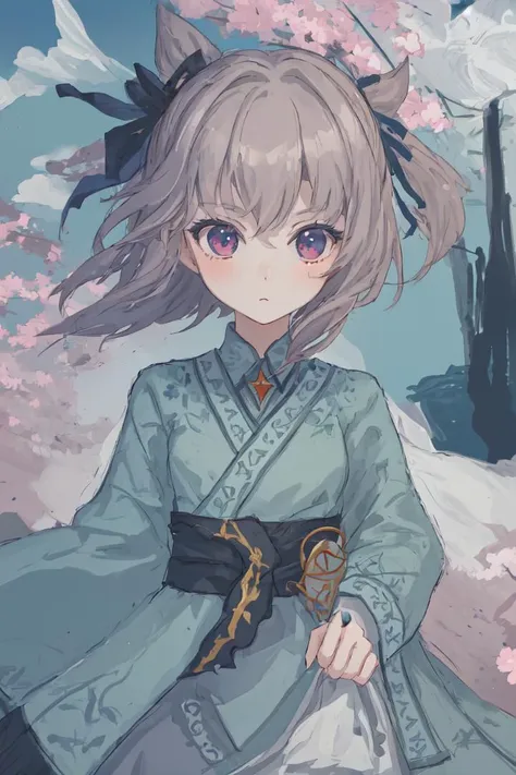 a girl in a blue kimono with a sword and a pink flower