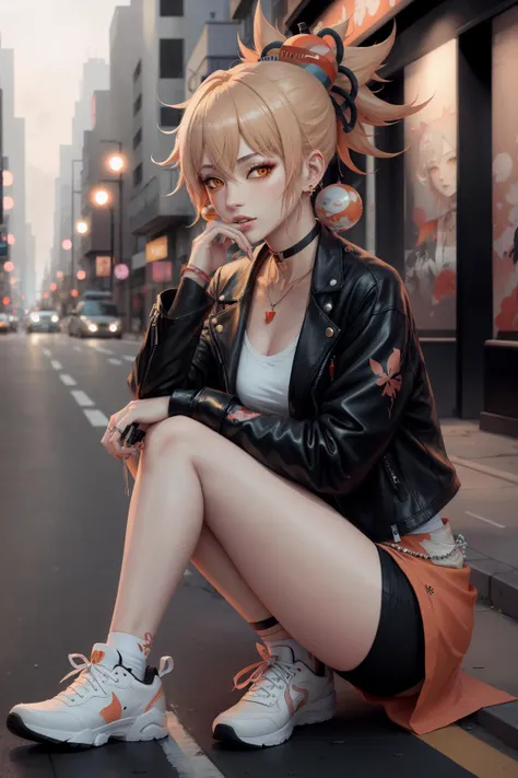 yoimiyadef, yoimiyarnd, (masterpiece:1.2, best quality), (1lady, solo), Clothing: black leather jacket, white T-shirt, pants, white sneakers, Accessories: layered necklaces, statement earrings, Hair: red hair, short hair, Behavior: confident, bold, unapolo...