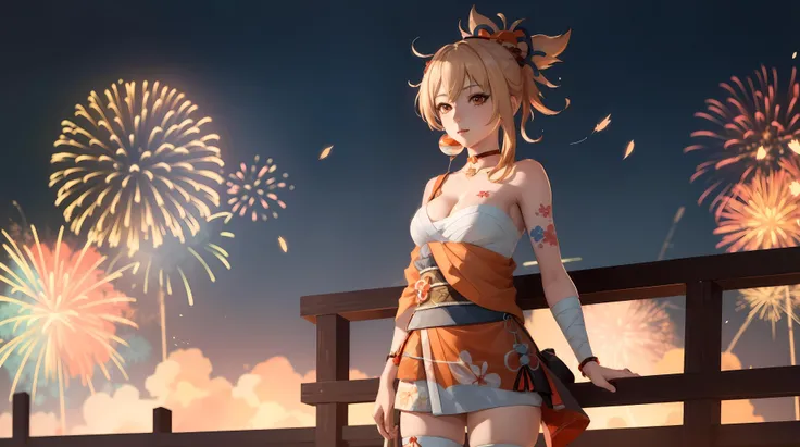 (best quality, masterpiece, perfect face), yoimiyadef, yoimiyarnd, 1girl, blonde, cleavage, sleeves, bandages, sidelocks, (thighhighs), (realism, sakura blossom, fireworks, HDR), standing, night sky, <lora:yoimiya2-000008:0.8>,