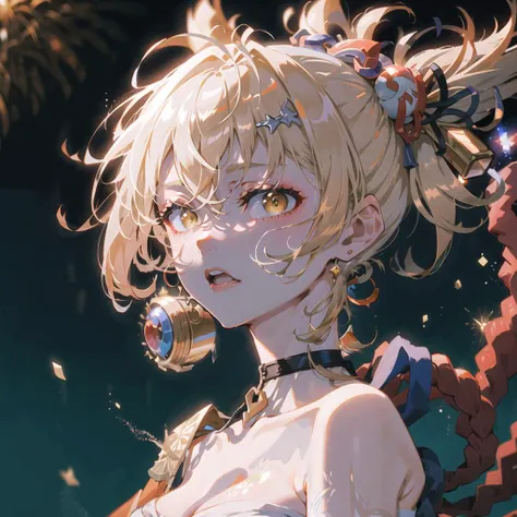 ((masterpiece)), ((best quality)), ((ultra detailed)), ((beautiful and aesthetic)), ((illustration)), vvi(artstyle), 1girl, solo, yoimiyadef, yoimiyarnd, genshin impact, blonde hair, yellow eyes,  portrait, night, bangs, fireworks, large breasts,   cleavag...