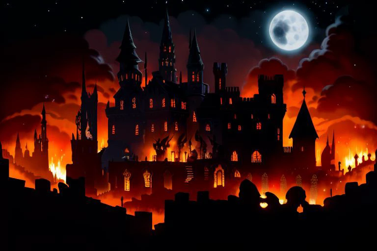 RAW photo of a  castle, darkness, distance, moon, fires burning braziers in the town<lora:Darkness:1>