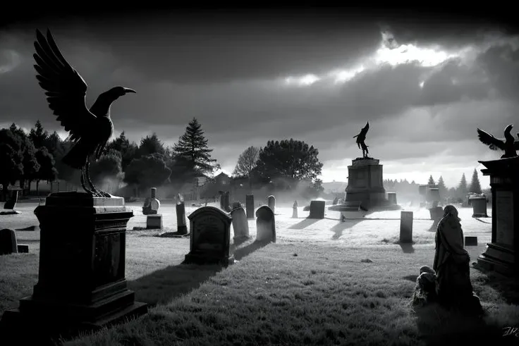 RAW photo of a cemetery, crow, darkness, statue<lora:Darkness:1>