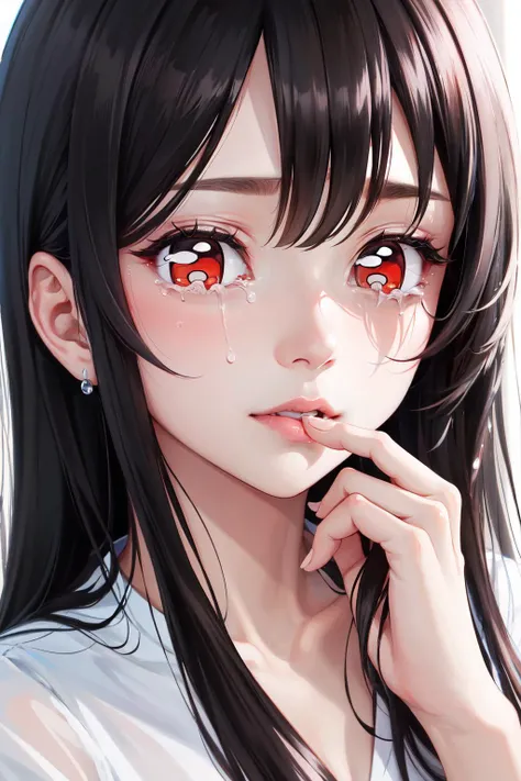 Highly detailed, High Quality, Masterpiece, beautiful, solo, 1girl, close-up, tears, black hair, red eyes, long hair, shirt, white shirt, AmongUsEyes, <lora:AmongUsEyes:1>