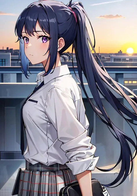 back pose,one color background,8K HDR,high res,masterpiece, best quality, ultra-detailed,excellent illustration, 1girl, solo,  <lora:kawasakiSaki_oregairuKawasakiSaki:0.75> 1girl,standing,looking at viewer,detailed clothes, (good face),purple eyes,long hai...