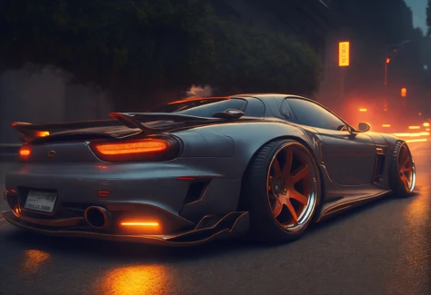 rx7fd sport car on a road, cyberpunk, futuristic, octane, render, cgi, global illumination, vibrant colors, best quality, highly...