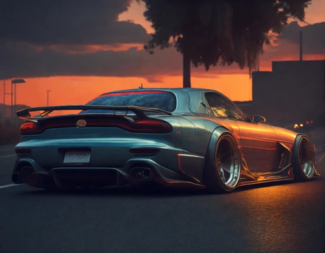 rx7fd sport car on a road, cyberpunk, futuristic, octane, render, cgi, global illumination, vibrant colors, best quality, highly...