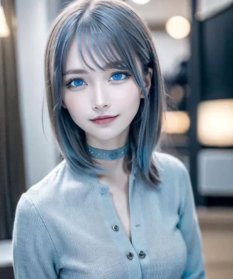 a close up of a woman with blue eyes and a blue shirt