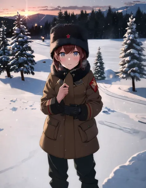 anime girl in winter coat standing in snow with trees in background