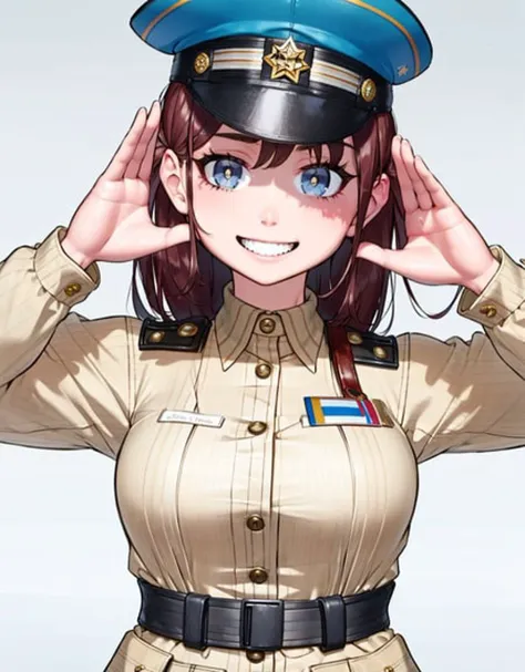 a close up of a person in uniform saluting with their hands on their ears