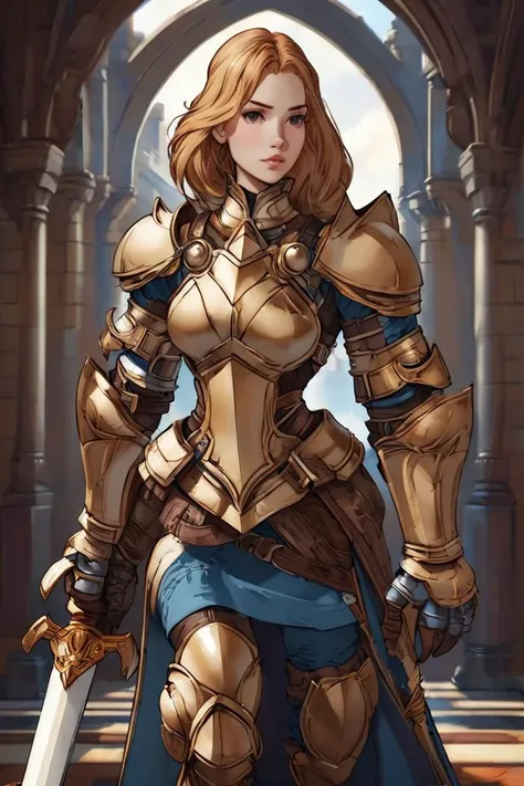 a woman in armor holding a sword in a hallway