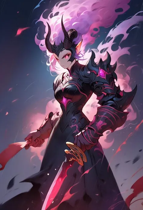 a woman in a black dress holding a sword and a pink flame