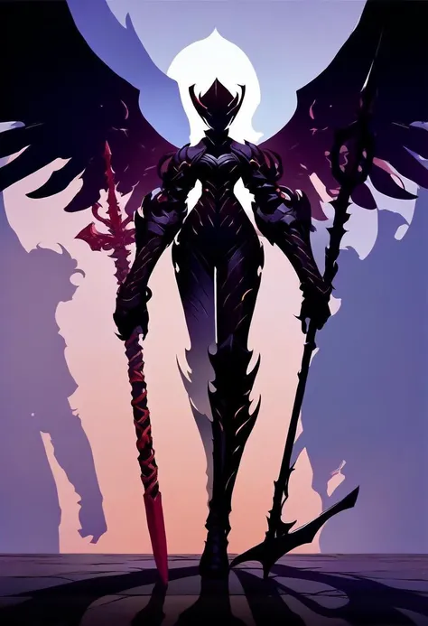 a woman with wings and a sword stands in front of a full moon