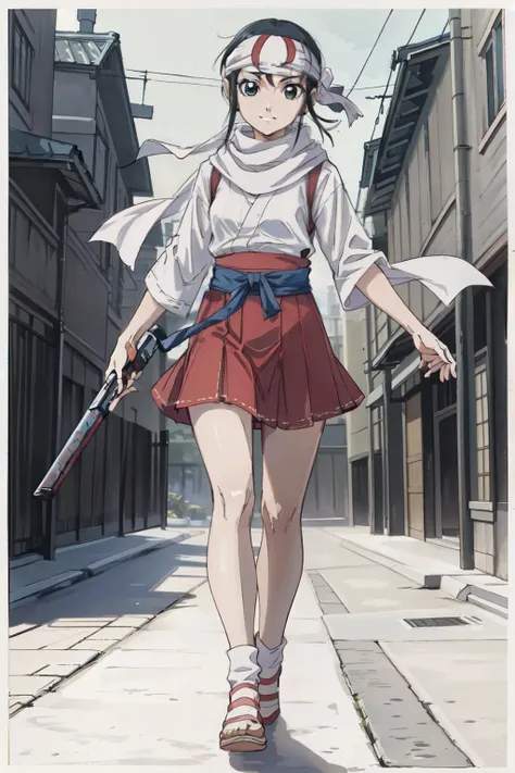 (best quality, masterpiece, RAW photo,ultra-detailed:1.2), <lyco:GoodHands-beta2:1.0>,1girl,solo,looking at viewer,smile <lyco:kyoukai-v5n:0.8>
kyoukai,scarf, headband, weapon, walking