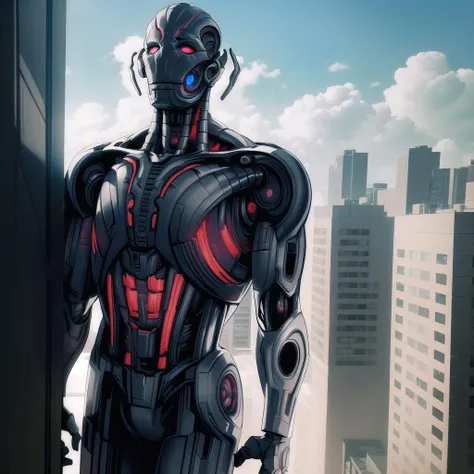 a close up of a robot standing on a ledge in a city