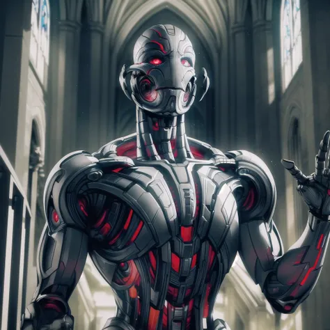 ultron, standing, villain, church, serious, intricate details, masterpiece, absurdres, best quality, from front, upper body <lora:ultronPrime-000020:0.8>