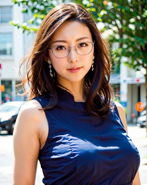 a woman posing on the street corner with glasses with orange dress on, best quality, 1girl, huge breasts, day, bright, blur background, bokeh, outdoor, (street:0.8), (people, crowds:1), (lace-trimmed dress:1.5, orange sleeveless dress, orange clothes:1.5, ...