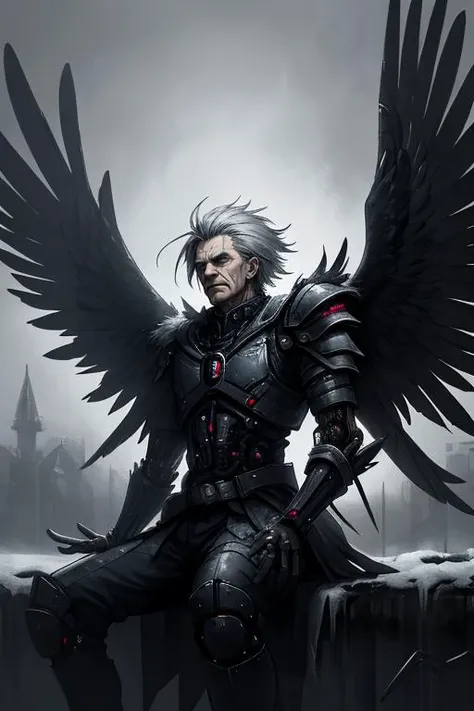 best quality,masterpiece,(1man,  old  male:1.2),   ruby eyes, gray hair, spiky hair,   portrait, solo,  half shot, looking down, detailed background, detailed face, (<lora:CyberPunkAI:0.6>,  CyberpunkAI theme:1.1),  raven-mage,  dark feathers, wearing tatt...