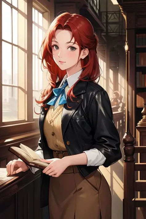 A sophisticated woman in a vintage bookstore, engrossed in an ancient, leather-bound tome, with dusty rays of light streaming through antique windows
masterpiece, best quality, intricate, realistic, photorealistic, red hair, 
 <lora:racial-chang-slider:-0....