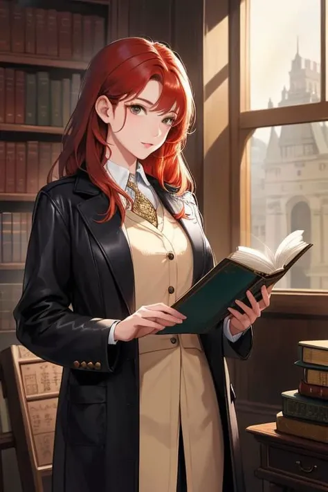 A sophisticated woman in a vintage bookstore, engrossed in an ancient, leather-bound tome, with dusty rays of light streaming through antique windows
masterpiece, best quality, intricate, realistic, photorealistic, red hair, 
 <lora:racial-chang-slider:-0....