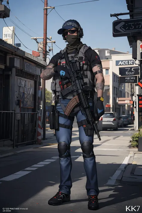 solo,(full body:1.3),outdoors,cityscape,standing,<lora:0298 British counter-terrorism police_v1:1>,ruanyi0298,mouth mask,sunglasses,hat,holding weapon,m4 carbine,ar-15,arm tattoo,1boy,, best quality,masterpiece,highres,official art,extremely detailed cg un...