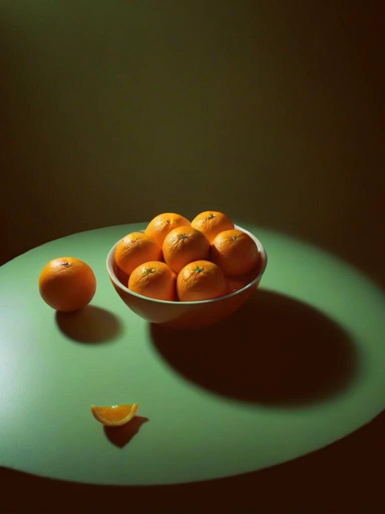 realistic, cinematic film still of closeup cinematic film still, low light, dramatic light, partially covered in shadow, a bowl of oranges sitting on a table , some oranges cut in half, spilled juices, subsurface scattering, moody, Low-key lighting Style, ...