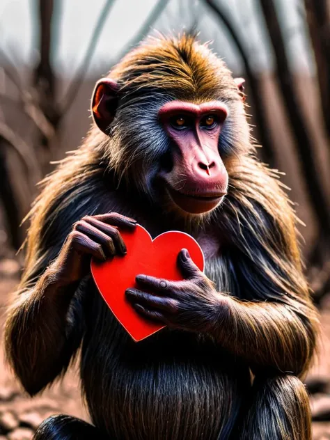 baboon with heart shaped ( valentine day:1.1),  a hilarious scene, texture surface details