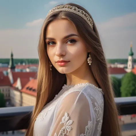 photo of the girl (joung, Slavic beauty) against the background of the city, lens 80 mm