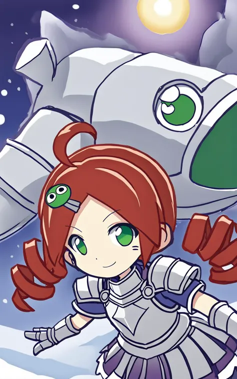 1girl,  <lora:sdxl-py-ringo:0.8> ando ringo,  green eyes, character hair ornament, red hair, ahoge, twin drill, zettai ryouiki smile, Frozen Tundra, Mixed Lighting, fantasy ( Glossy Metallic Engraving Pattern medium shirt  silver armor  intricate dress arm...