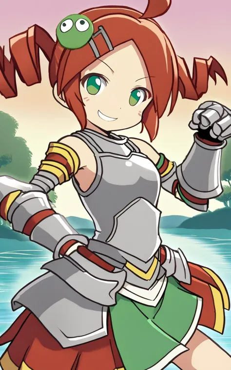 1girl,  <lora:sdxl-py-ringo:0.8> ando ringo,  green eyes, character hair ornament, red hair, ahoge, twin drill, zettai ryouiki Buoyant Smile, Enchanted Lake, Golden Hour, fantasy ( Glossy Metallic Engraving Pattern medium shirt  silver armor  intricate dre...