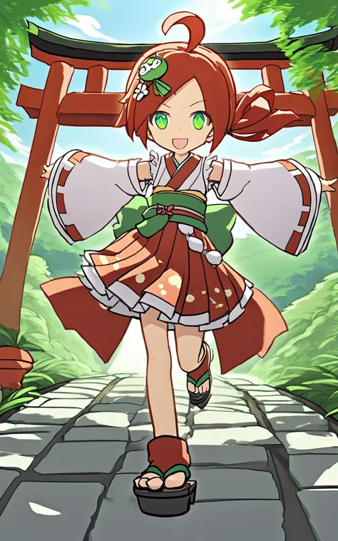 1girl,  <lora:sdxl-py-ringo:0.8> ando ringo,  green eyes, character hair ornament, red hair, ahoge, twin drill, zettai ryouiki Excited, Itsukushima shrine, (((jinja shrine, torii, stone pavement, mysterious, wind, quiet, bamboo grass, filtering through tre...