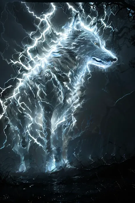 glowing,lightning,ghost wolf,<lora:Dianhuun218 (11):0.8>best quality,masterpiece,(detailed light),lightning surrounds,