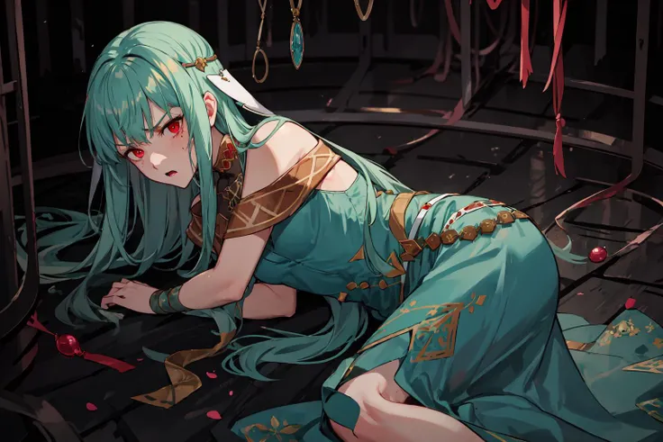 <lora:ninian-fef:.8>, ninian fe, red eyes, long dress, jewelry, dancer, dungeon, behind bars, dark, hard lighting, from above, angry, fear, scared, laying down, on side, bruises, hurt