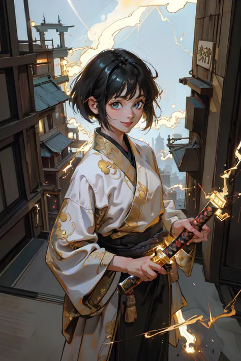 a woman in a kimono outfit holding a sword in front of a building