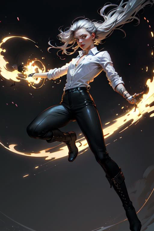 realistic, (best quality, masterpiece:1.3),1girl,solo,full body, AS-Young,
balck shirt,boots, 
silver hair, bright pupils, long hair, floating hair, hair slicked back, serious, 
glowing metal fluid hovering in the air and surrounding body, glowing crow,
dy...