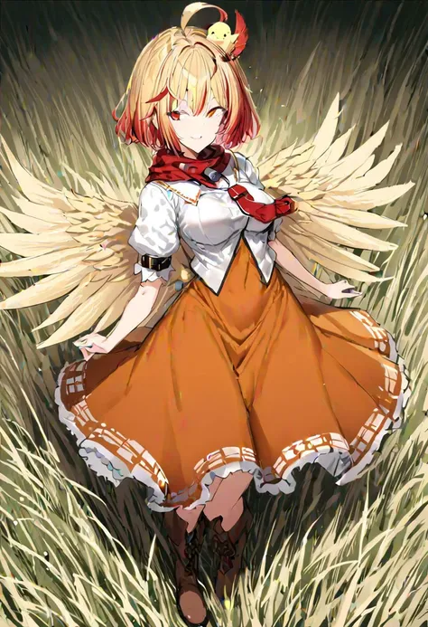 masterpiece, best quality, ultra-detailed, beautiful, nai3, 1girl, solo, full_body, tachi-e, 
niwatari_kutaka, solo, 1girl, red_eyes, light_yellow_hair, red_hair_extension, short_hair, light_yellow_wings, light_yellow_feathery_tail, orange_dress, white_jac...