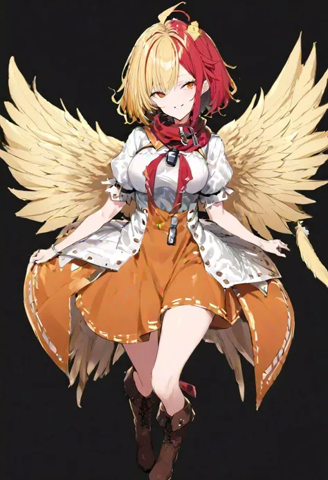 masterpiece, best quality, ultra-detailed, beautiful, nai3, 1girl, solo, full_body, tachi-e, 
niwatari_kutaka, solo, 1girl, red_eyes, light_yellow_hair, red_hair_extension, short_hair, light_yellow_wings, light_yellow_feathery_tail, orange_dress, white_jac...