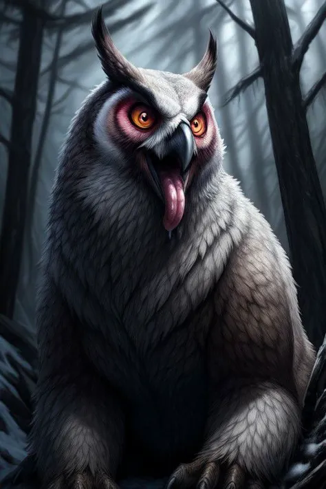 an owl with red eyes sitting on a tree branch in the woods