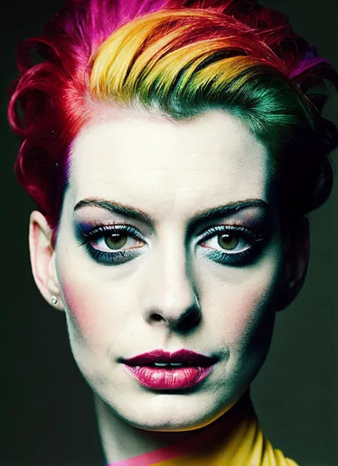 portrait of sks woman by Flora Borsi, style by Flora Borsi, bold, bright colours, rainbow Mohawk haircut, ((Flora Borsi)), <lora:locon_annehathaway_v1_from_v1_64_32:1.25>