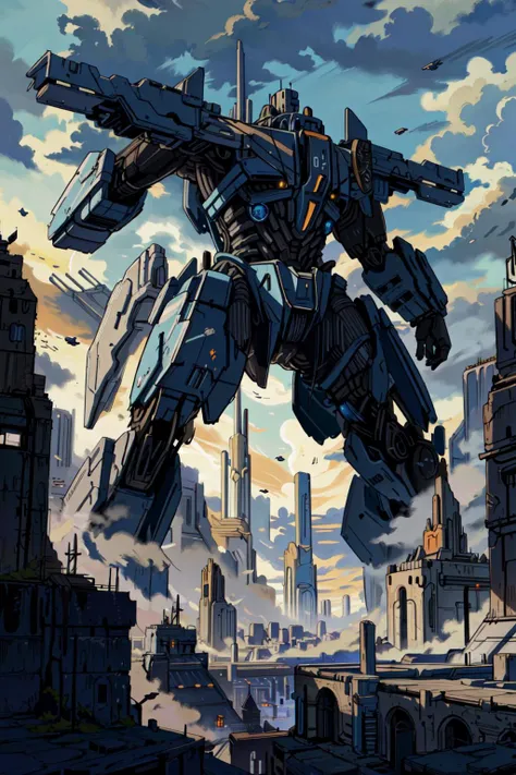 a cartoon picture of a giant robot flying over a city