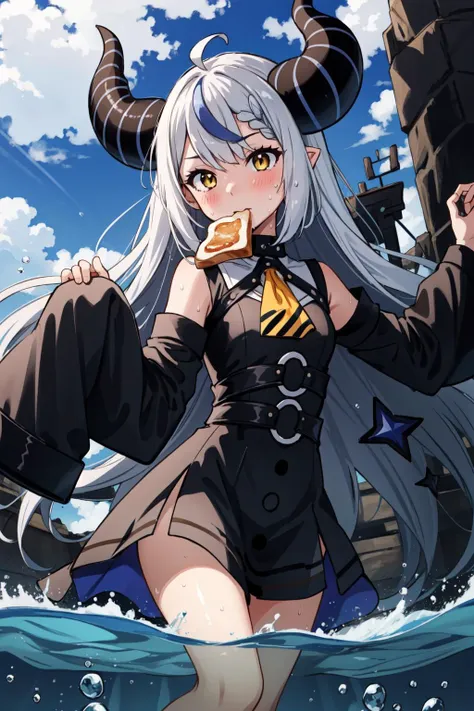 anime girl in black outfit with horns and a hat in the water