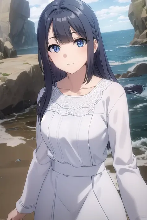 shoukomakinohara, <lora:shouko makinohara s1movie-lora-nochekaiser:1>, 
shouko makinohara, blue eyes, black hair, braid, smile,
BREAK long hair, long sleeves, dress, collarbone, white dress,
BREAK outdoors, beach,
BREAK looking at viewer, (cowboy shot:1.5)...