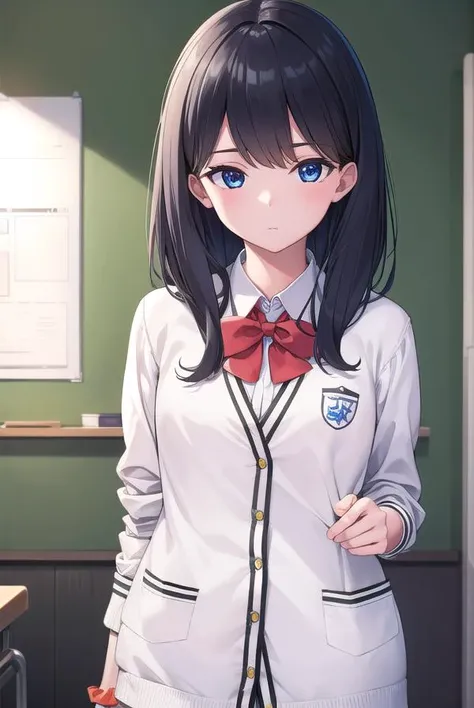 anime girl in school uniform standing in a classroom with a red bow