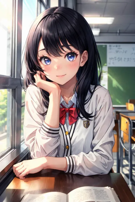 <lora:rikkatakaradatest:0.8>, rikka takarada, black hair, blue eyes, long hair, black skirt, bow, bowtie, buttons, cardigan, collared shirt, long sleeves, microskirt, red bow, red bowtie, school uniform, shirt, white cardigan, white shirt, sweet smile, lig...