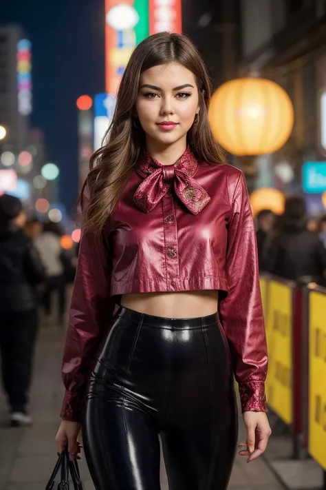 photo of (S263_CindyShine), a woman, perfect hair, award-winning photo, sfw, wearing ( Pleather leggings, Piqué  DustyRose  Moroccan Tied sleeve blouse, , , ), in (A bustling, vibrant Seoul street during a lantern festival), 70mm, f/8, ((auto focus, color,...